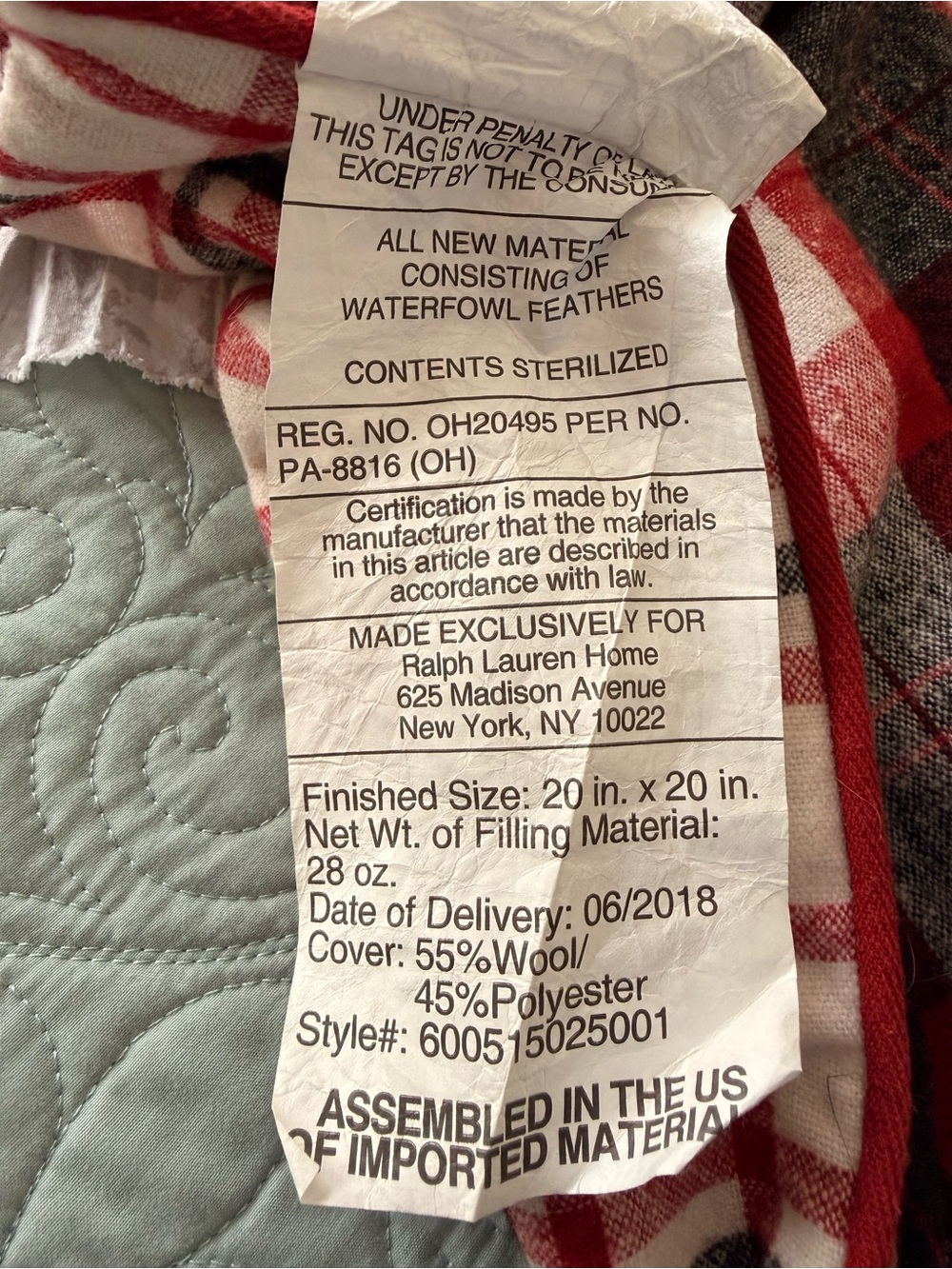 Ralph Lauren Plaid Red & Black 20x 20 pillow cover NWT - Picture 4 of 4